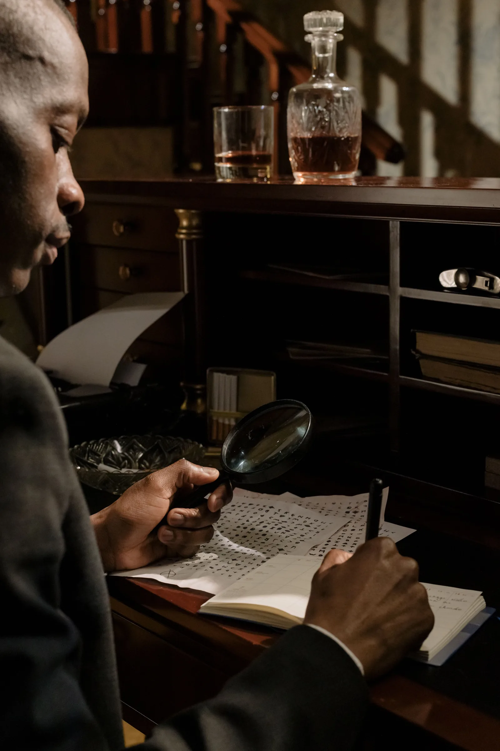 Two professionals review documents together at a desk with a laptop and water glass.